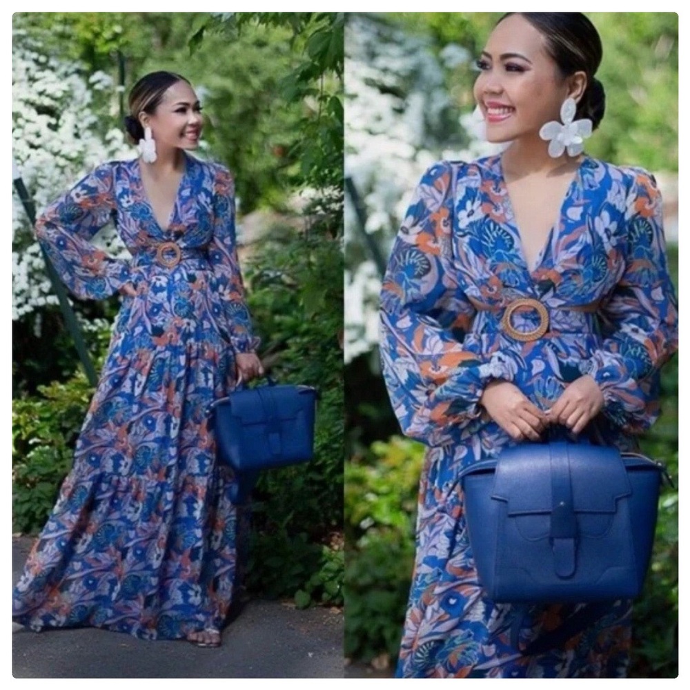 Gianni Bini Blue and Orange Floral Long Sleeve Maxi Dress